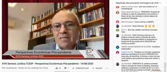 Em encerramento da Semana Jurídica do TCESP, Economista fala sobre perspectivas no pós-pandemia 